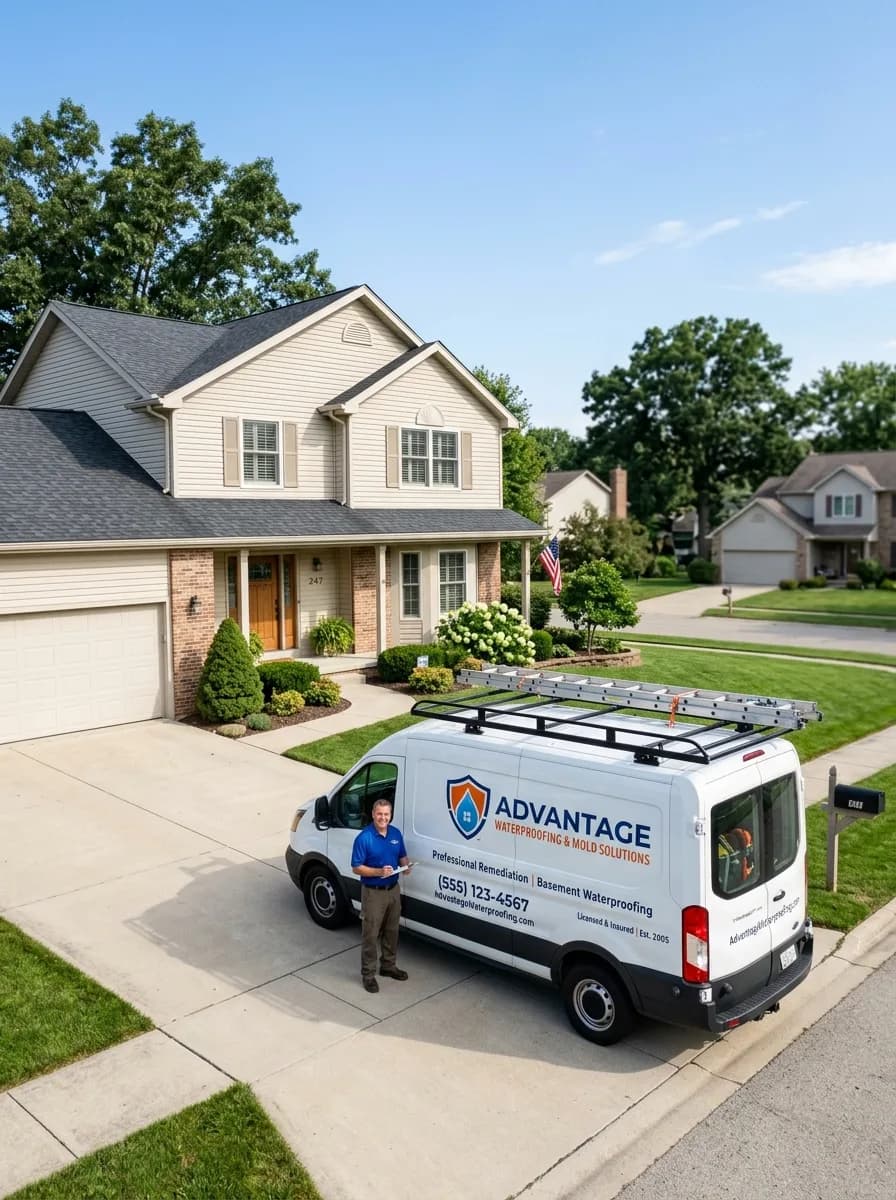Mold remediation and waterproofing contractor van parked at a suburban home with company technician standing beside it
