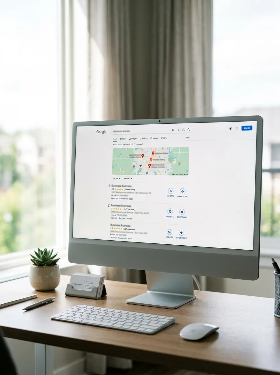 Desktop iMac displaying Google local search results with map pack and contractor business listings