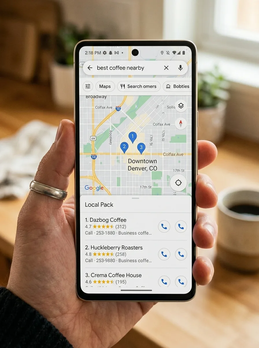 Hand holding smartphone showing Google Maps Local Pack results with business listings, ratings and map pins