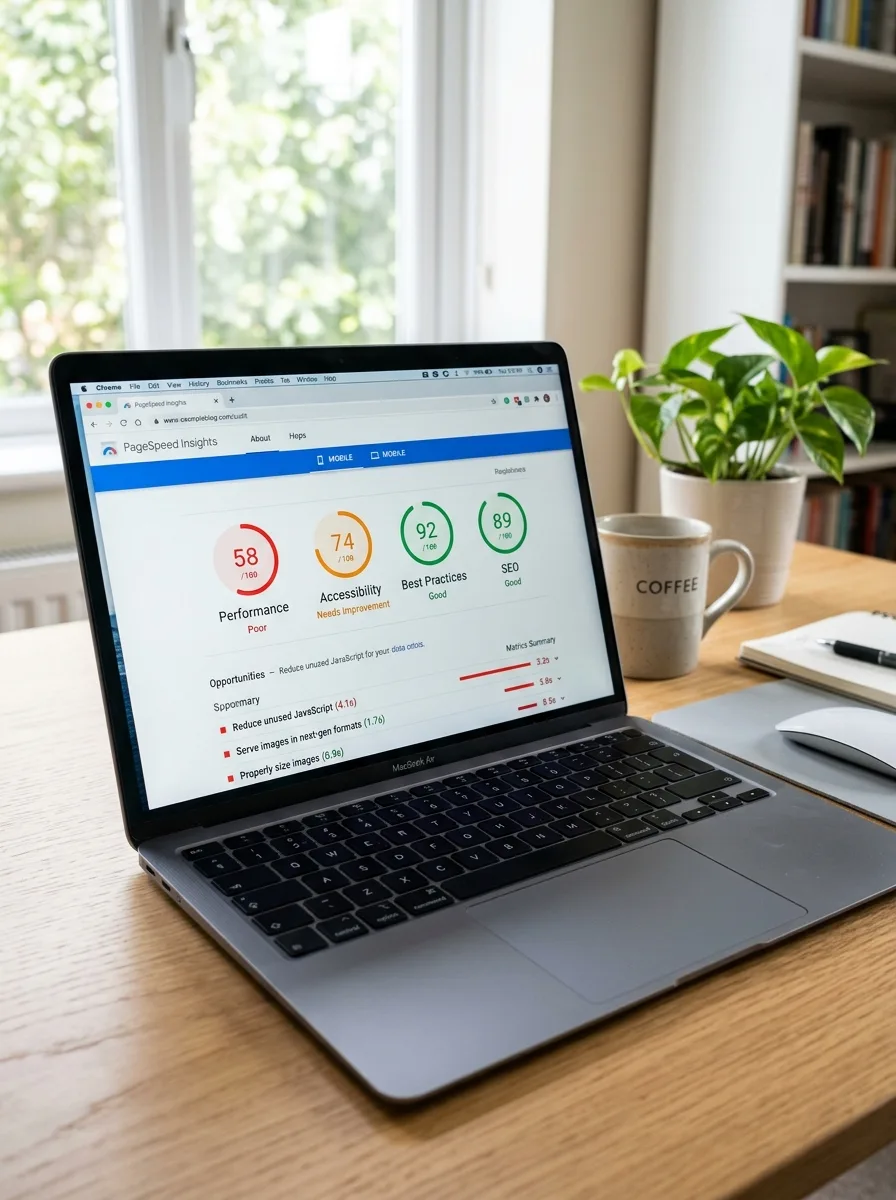 Laptop displaying Google PageSpeed Insights with a performance score of 58 and flagged opportunities including JavaScript removal and image format improvements