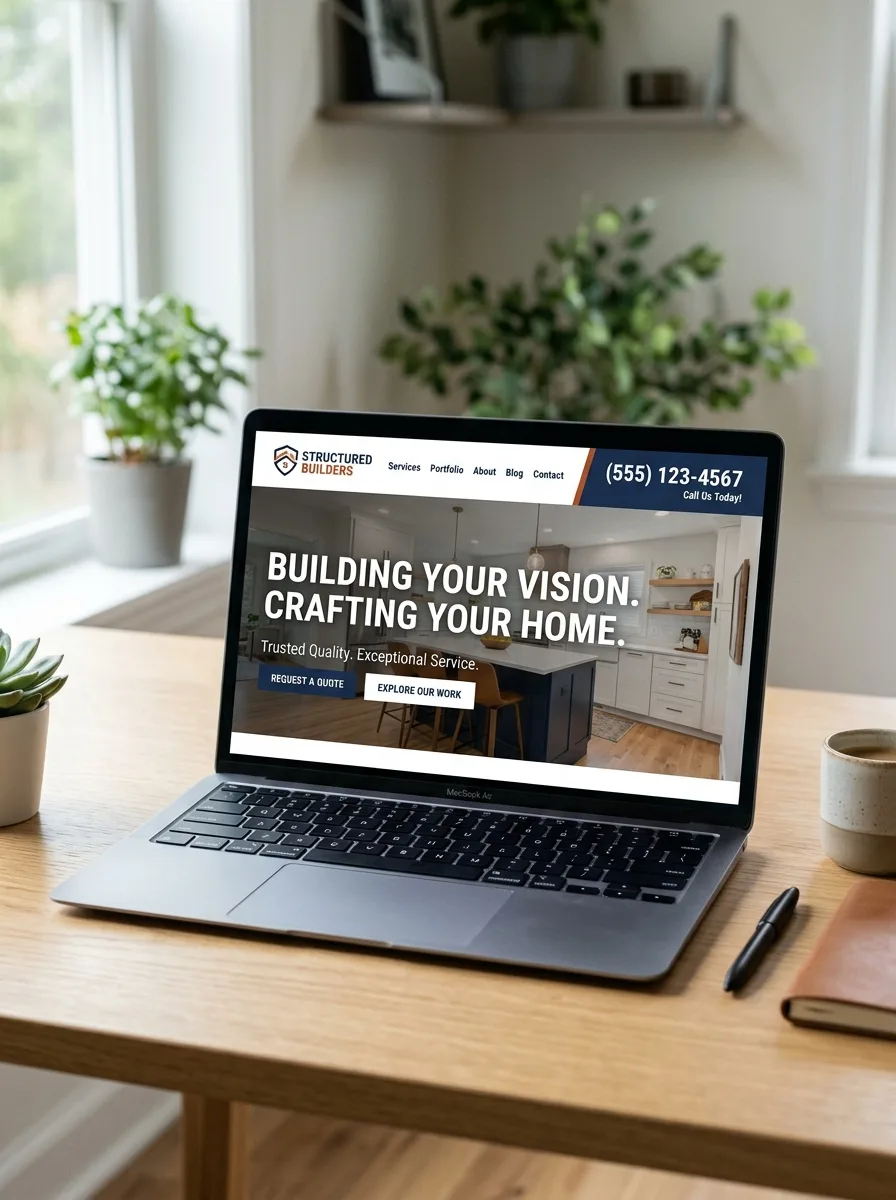 Laptop displaying a custom-built contractor website homepage designed for a mold remediation and waterproofing business