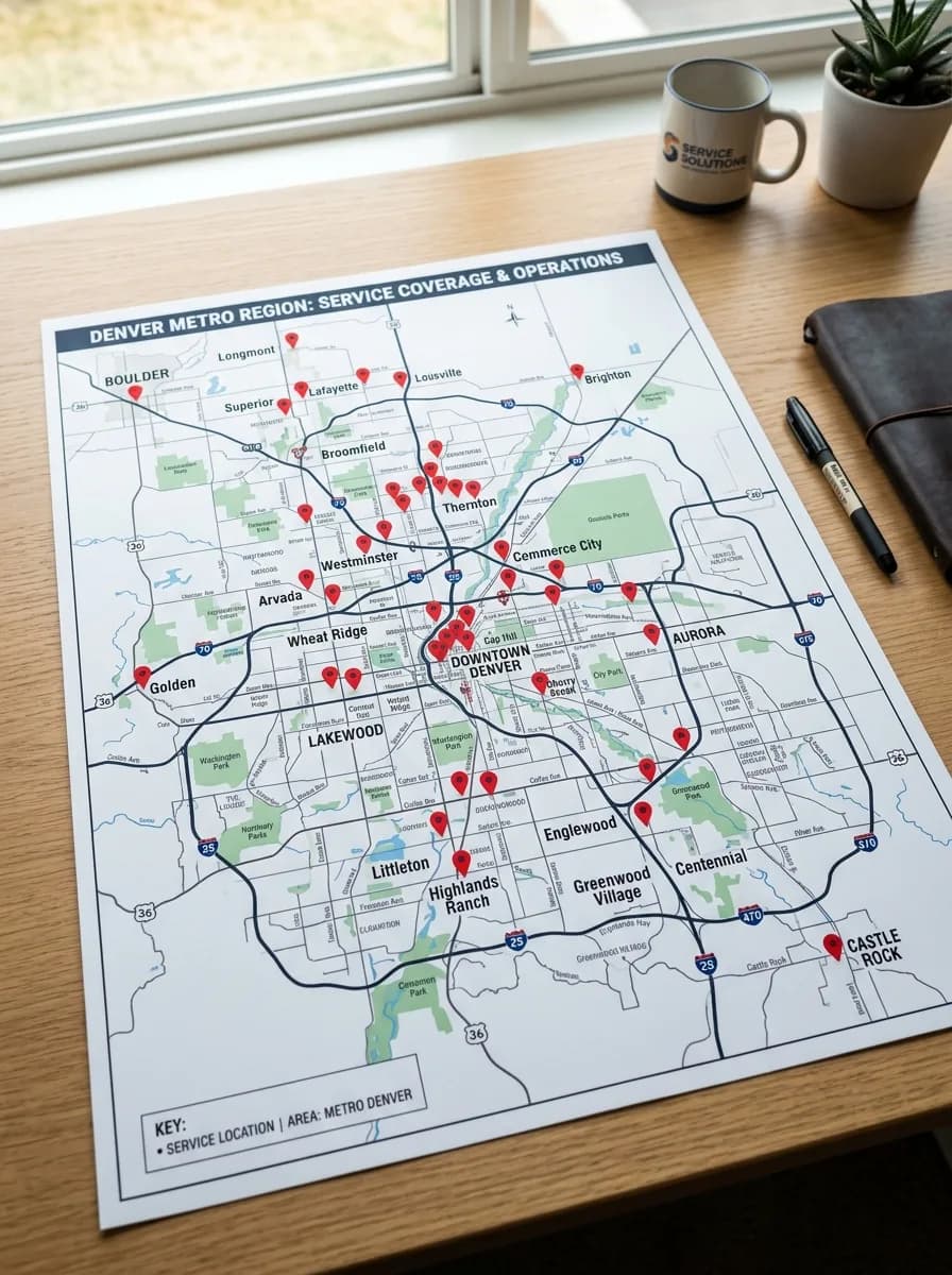 Printed Denver Metro service territory map with red pins marking coverage locations for a waterproofing and mold remediation contractor