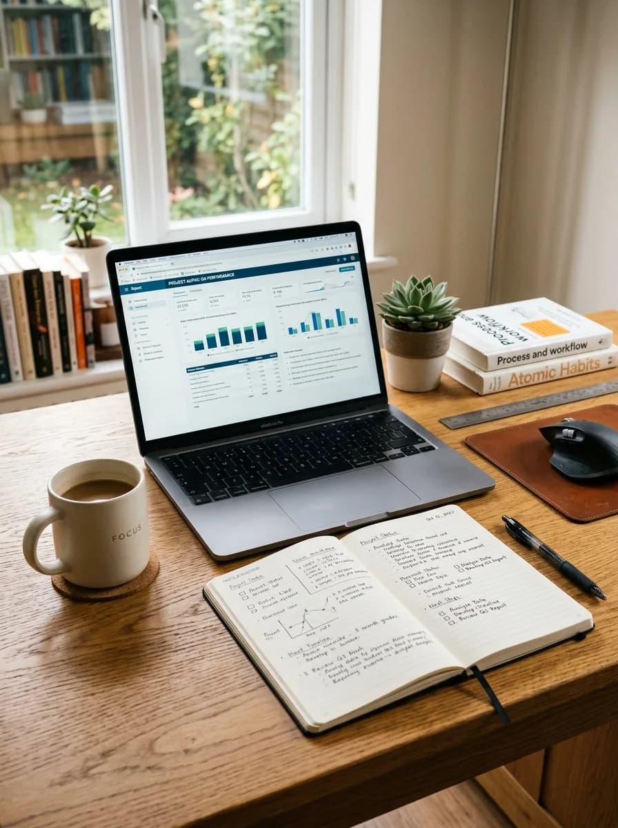 Home office desk with laptop showing SEO performance data, open strategy notebook and reference books