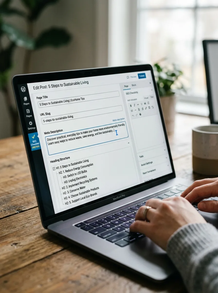 Hands editing a blog post in WordPress CMS with SEO title tag, URL slug and meta description fields open for optimization