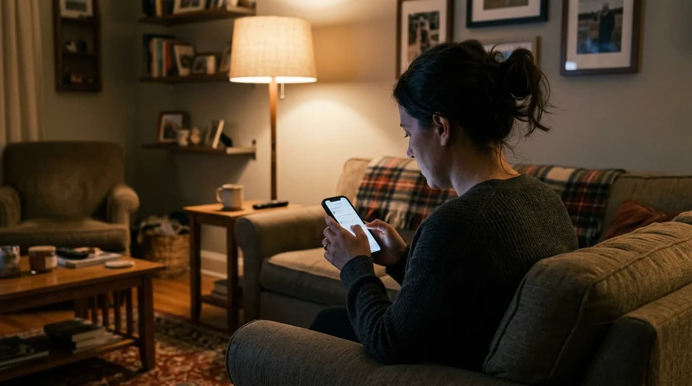 Homeowner searching for mold remediation services on her smartphone at night
