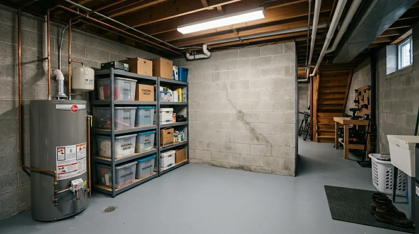 Unfinished basement with visible moisture staining on concrete block wall indicating water intrusion