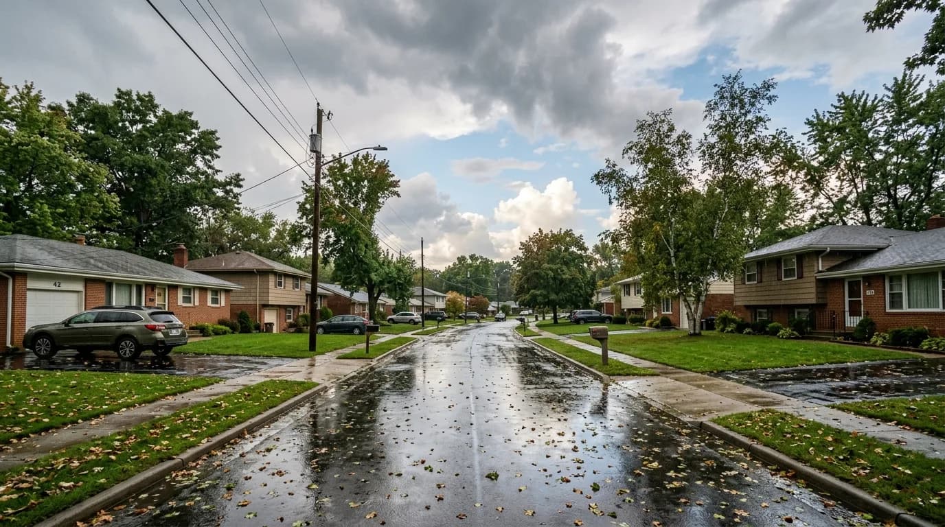 Rain-soaked suburban street with dark storm clouds overhead, showing the weather conditions that drive mold and water damage service calls