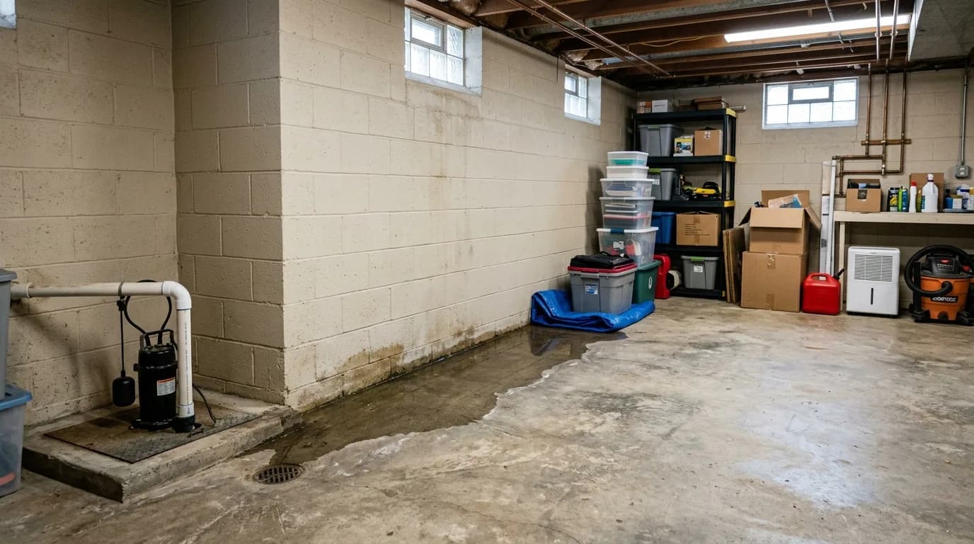 Flooded basement with standing water on the floor and a sump pump visible, showing active water intrusion requiring immediate waterproofing