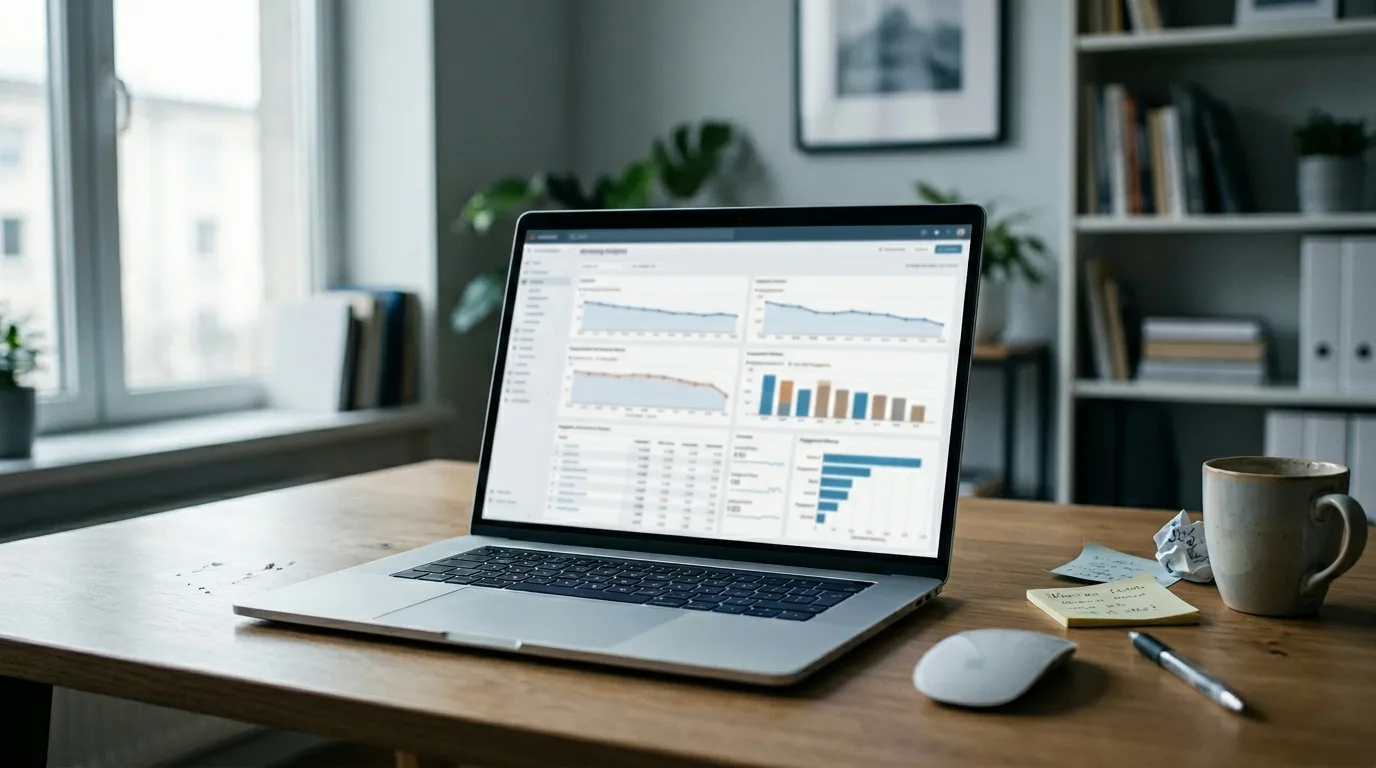 Laptop showing an SEO analytics reporting dashboard with traffic trends and performance data