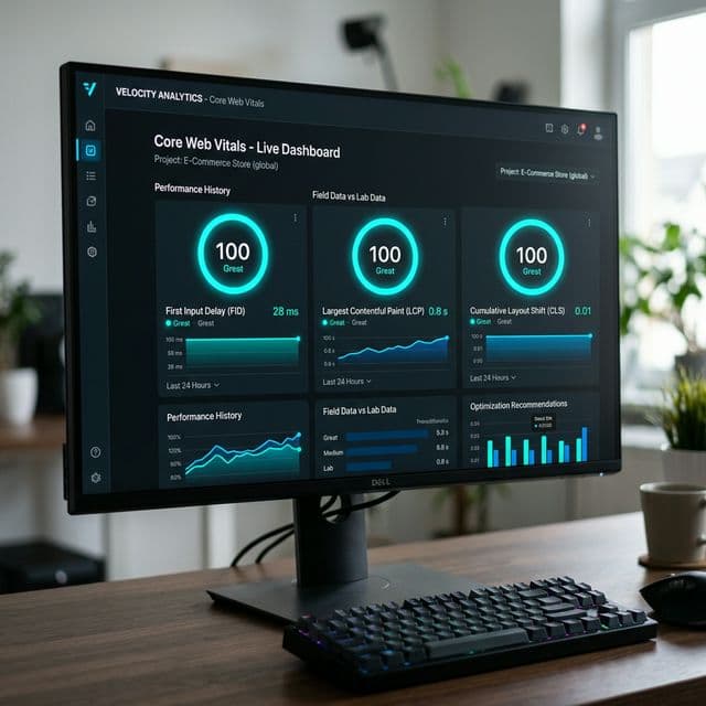 Desktop monitor showing Core Web Vitals Live Dashboard with perfect 100 scores for performance, LCP, FID and CLS